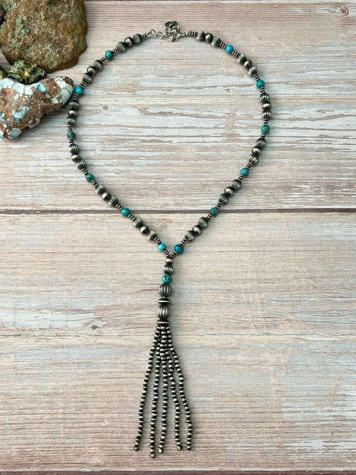 Handmade Sterling Silver Beaded Kingman Turquoise Necklace "Signed Nizhoni"