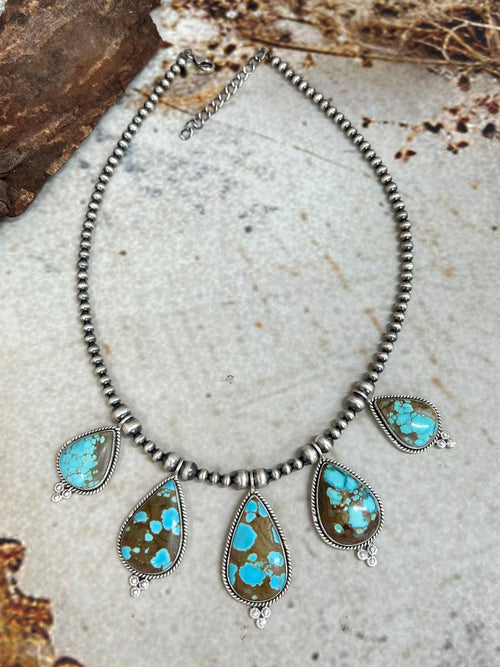 Handmade Sterling Silver Number 8 Turquoise Beaded Necklace Signed Nizhoni