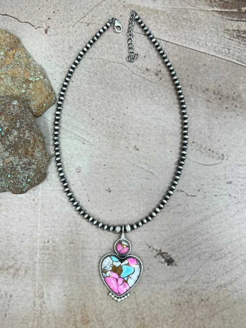 Handmade Sterling Silver Cotton Candy Turquoise Heart Necklace with Signed Nizhoni