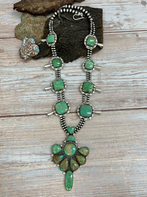 Handmade Sterling Silver Mantis Turquoise Beaded Blossom Necklace Signed Nizhoni