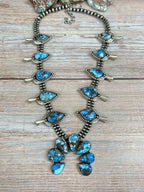 Handmade Sterling Silver Golden Hills Turquoise Beaded Squash Blossom Necklace with Signed Nizhoni