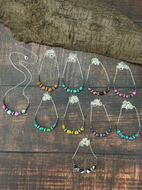 Handmade Sterling Silver Beaded Multi Stone Necklace "Signed Nizhoni"