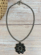 Handmade Sterling Silver Blackjack Turquoise Beaded Necklace with Signed Nizhoni