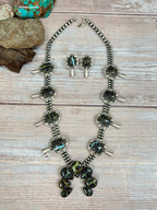 Handmade Sterling Silver Blackjack Turquoise Beaded Squash Blossom Necklace Earrings Set with Signed Nizhoni
