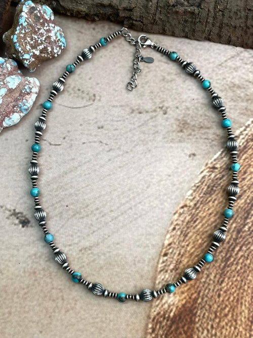Handmade Sterling Silver Kingman Turquoise Beaded Necklace with Signed Nizhoni