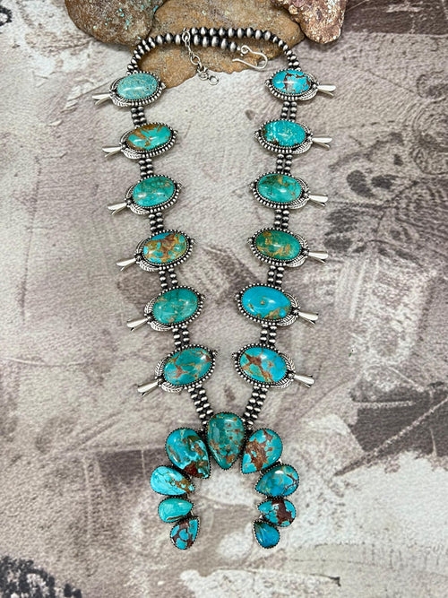 Handmade Sterling Silver Beaded Hardy Pit Squash Blossom Necklace with Signed Nizhoni