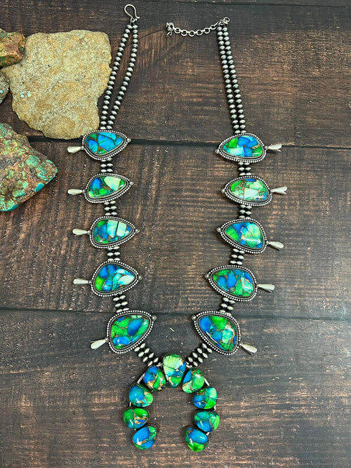 Handmade Sterling Silver Peacock Dahlia Beaded Necklace with Signed Nizhoni