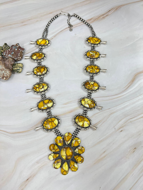 Handmade Sterling Silver Honey Dahlia Necklace with Signed Nizhoni