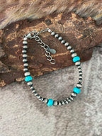 Handmade Sterling Silver Kingman Turquoise Beaded Chain Bracelet Signed Nizhoni