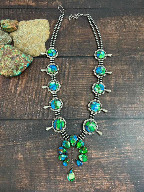 Handmade Sterling Silver Peacock Dahlia Beaded Necklace with Signed Nizhoni