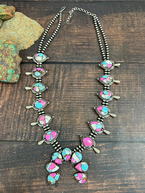 Handmade Sterling Silver Cotton Candy Turquoise Squash Blossom Necklace with Signed Nizhoni