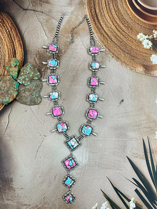 Handmade Sterling Silver Cotton Candy Turquoise Necklace with Signed Nizhoni