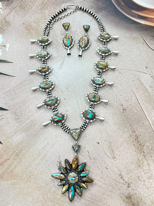 Handmade Sterling Silver Ribbon Royston Beaded Necklace Earrings Set, Signed Nizhoni