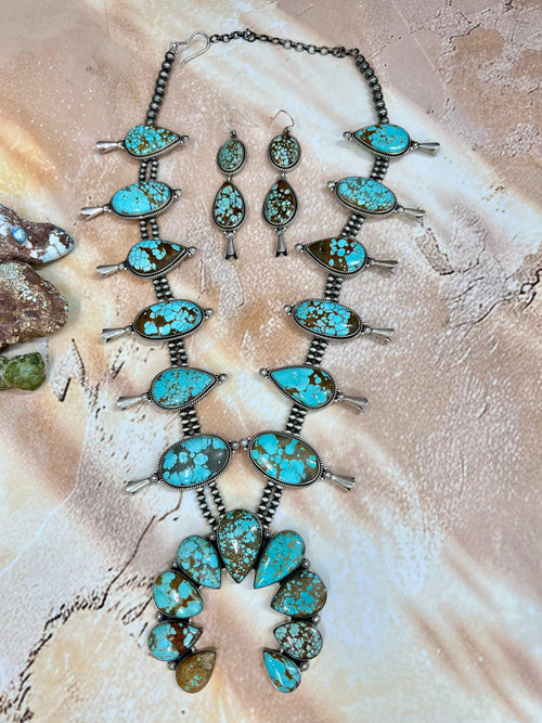 Handmade Sterling Silver Number 8 Turquoise Necklace Earrings Set, Signed Nizhoni