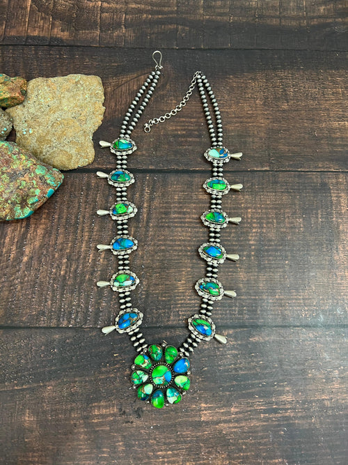 Handmade Sterling Silver Peacock Dahlia Beaded Necklace with Signed Nizhoni