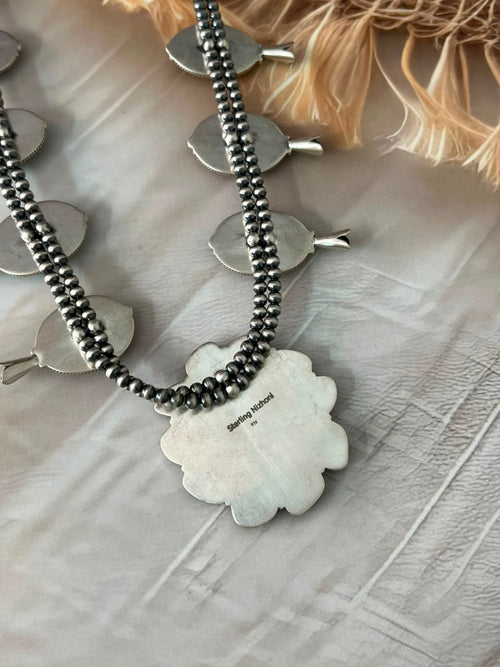 Handmade Sterling Silver Blackjack Turquoise Collection: Squash Blossom Beaded Necklace Signed Nizhoni
