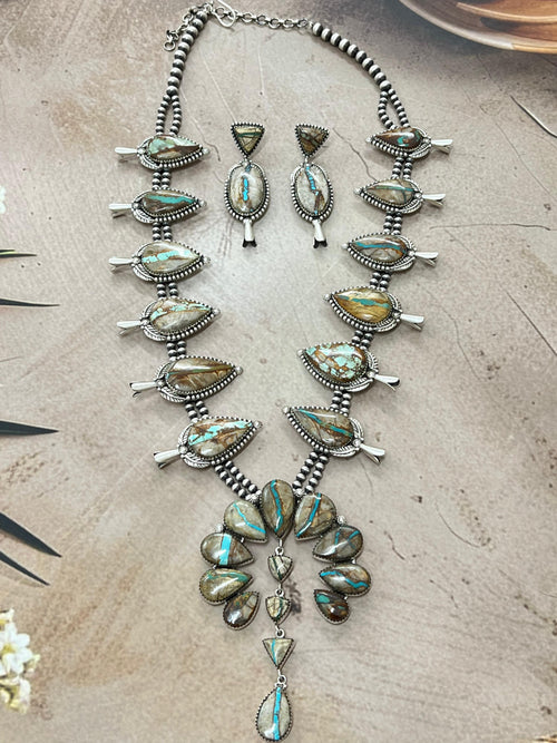 Handmade Sterling Silver Ribbon Royston Beaded Squash Blossom Necklace Earrings Set, Signed Nizhoni