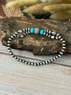 Handmade Sterling Silver Kingman Turquoise Stretchy Beaded Bracelet