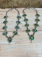 Handmade Sterling Silver Golden Hill Turquoise, Sonoran Mountain Turquoise Squash Blossom Beaded Necklace, Signed Nizhoni