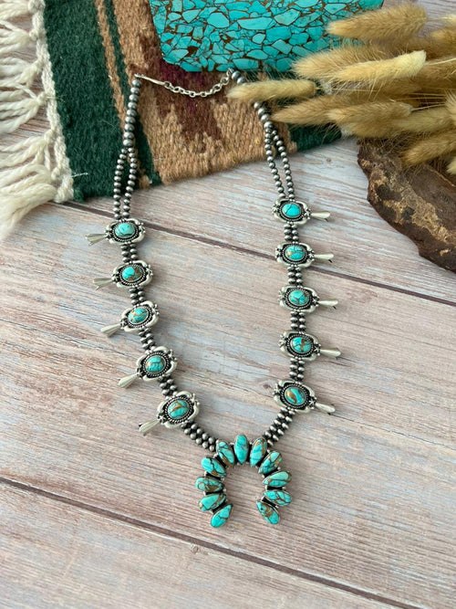 Handmade Sterling Silver Mint Dahlia Collection: Squash Blossom Beaded Necklace "Signed Nizhoni"