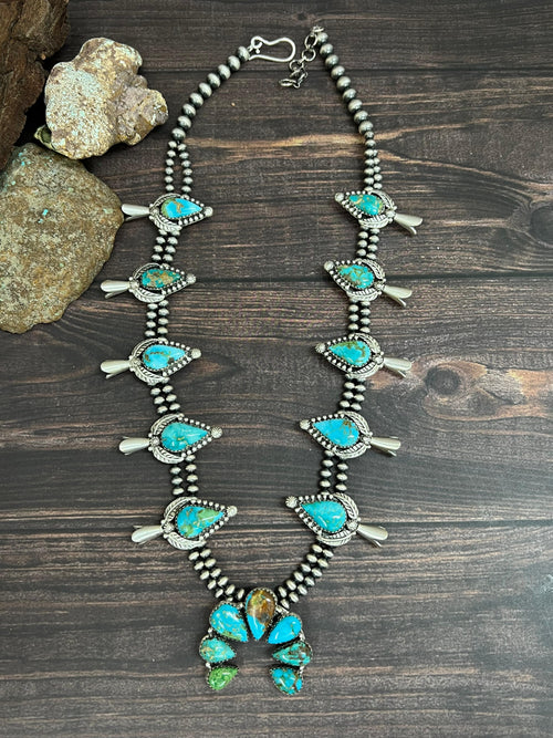 Handmade Sterling Silver South Hill Turquoise Beaded Necklace with Signed Nizhoni
