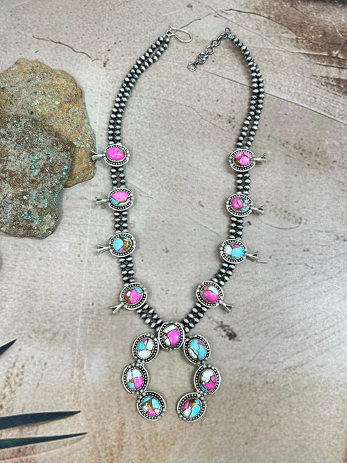 Handmade Sterling Silver Cotton Candy Turquoise Necklace with Signed Nizhoni