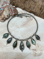 Handmade Sterling Silver Lander Turquoise Beaded Necklace with Signed Nizhoni