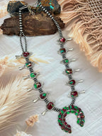 Handmade Sterling Silver Christmas Dahlia Collection: Beaded Squash Blossom Naja Necklace Signed Nizhoni