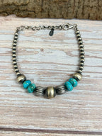 Handmade Sterling Silver Kingman Turquoise Beaded Bracelet with Signed Nizhoni
