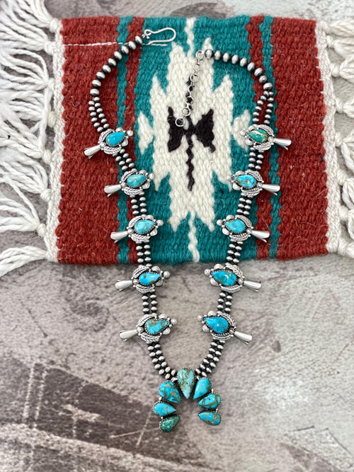 Handmade Sterling Silver South Hill Turquoise Squash Blossom Beaded Necklace with Signed Nizhoni