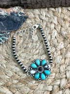 Handmade Sterling Silver Beaded Kingman with Wildhorse, Black Onyx Chain Bracelet "Signed Nizhoni"