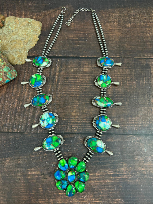 Handmade Sterling Silver Peacock Dahlia Beaded Necklace with Signed Nizhoni