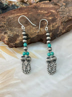 Handmade Sterling Silver Kingman Turquoise Beaded Hook Dangle Earrings