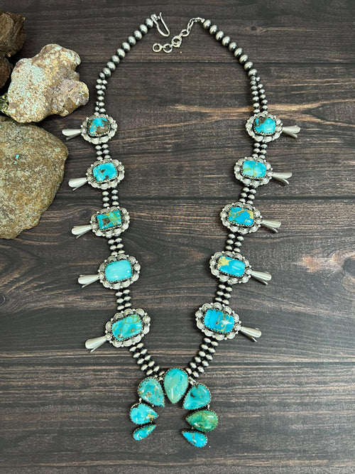 Handmade Sterling Silver South Hill Turquoise Beaded Necklace with Signed Nizhoni