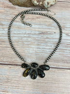 Handmade Sterling Silver Blackjack Turquoise Beaded Necklace with Signed Nizhoni