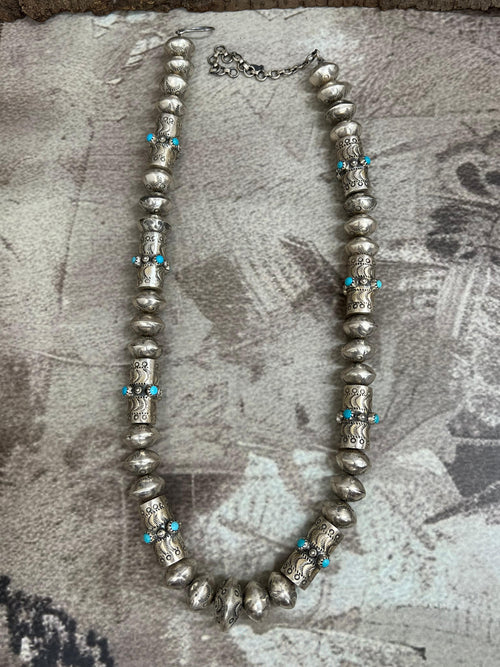 Handmade Sterling Silver & Turquoise Beaded Necklace Signed Nizhoni
