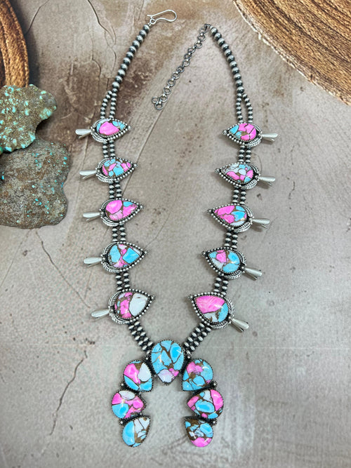 Handmade Sterling Silver Cotton Candy Turquoise Necklace with Signed Nizhoni