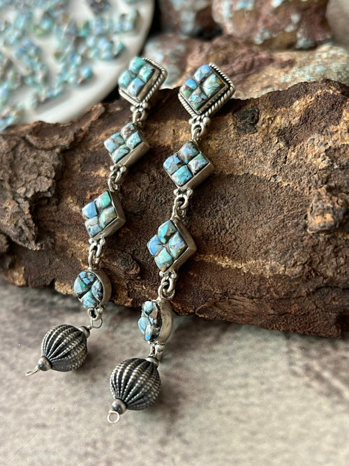 Handmade Sterling Silver Golden Hills Cobble Collection Post Dangle Beaded Earrings "Signed Nizhoni"