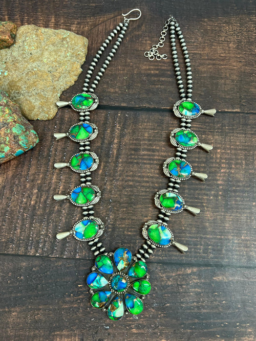 Handmade Sterling Silver Peacock Dahlia Beaded Necklace with Signed Nizhoni