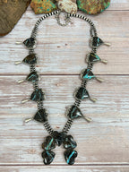 Handmade Sterling Silver Black Jack Beaded Squash Blossom Necklace with Signed Nizhoni