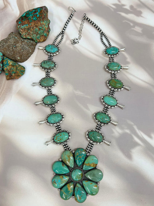Handmade Sterling Silver Royston Turquoise Squash Blossom Necklace with Signed Nizhoni