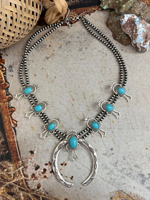Handmade Sterling Silver Kingman Turquoise Beaded Squash Blossom Necklace with Signed Nizhoni