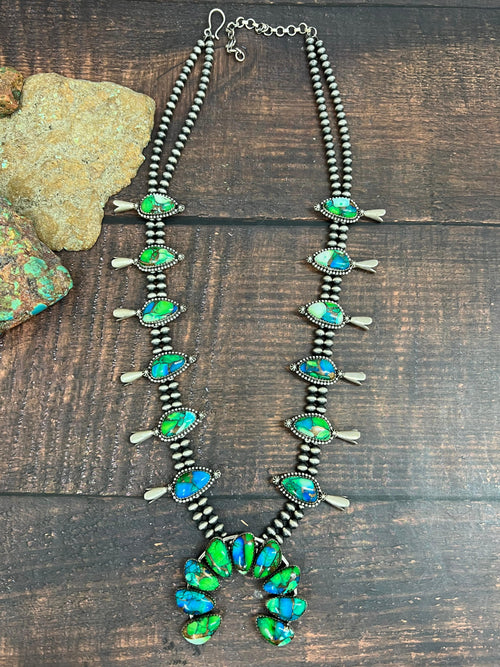 Handmade Sterling Silver Peacock Dahlia Beaded Necklace with Signed Nizhoni