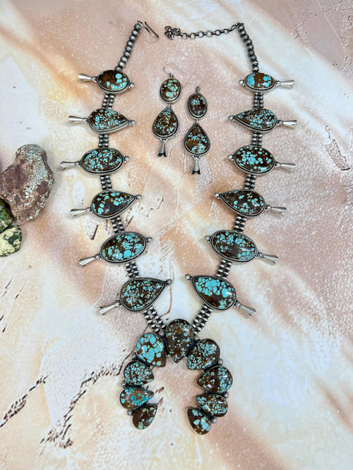 Handmade Sterling Silver Number 8 Turquoise Necklace Earrings Set, Signed Nizhoni