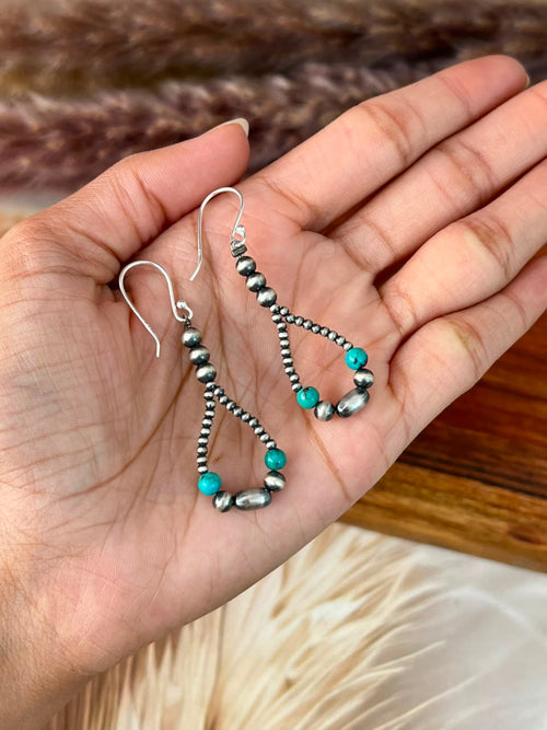 Handmade Sterling Silver Kingman Turquoise Beaded Hook Dangle Earrings