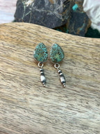 Handmade Sterling Silver Baja Turquoise Collection: Beaded Post Dangle Earrings "Signed Nizhoni"