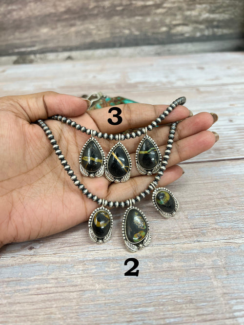 Handmade Sterling Silver Blackjack Turquoise Beaded Necklace with Signed Nizhoni