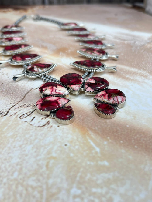 Handmade Sterling Silver Dahlia Rose Squash Blossom Necklace with Signed Nizhoni