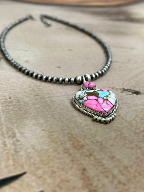 Handmade Sterling Silver Cotton Candy Turquoise Heart Necklace with Signed Nizhoni