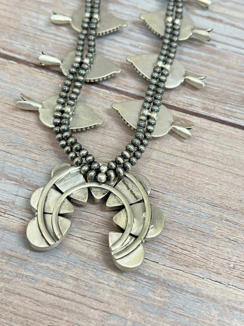 Handmade Sterling Silver Golden Hills Turquoise Beaded Squash Blossom Necklace with Signed Nizhoni